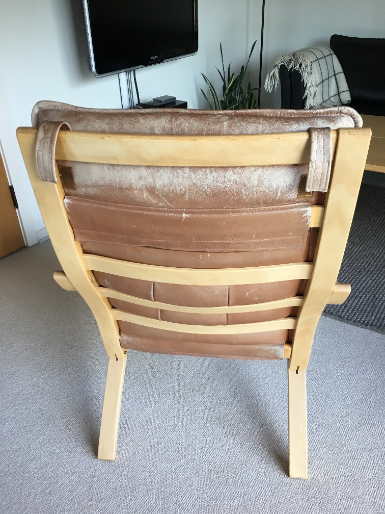 Læderstol opfrisket med læderdækfarve og plejet med Gold Quality Læderfedt