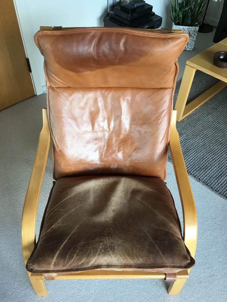 Læderstol opfrisket med læderdækfarve og plejet med Gold Quality Læderfedt
